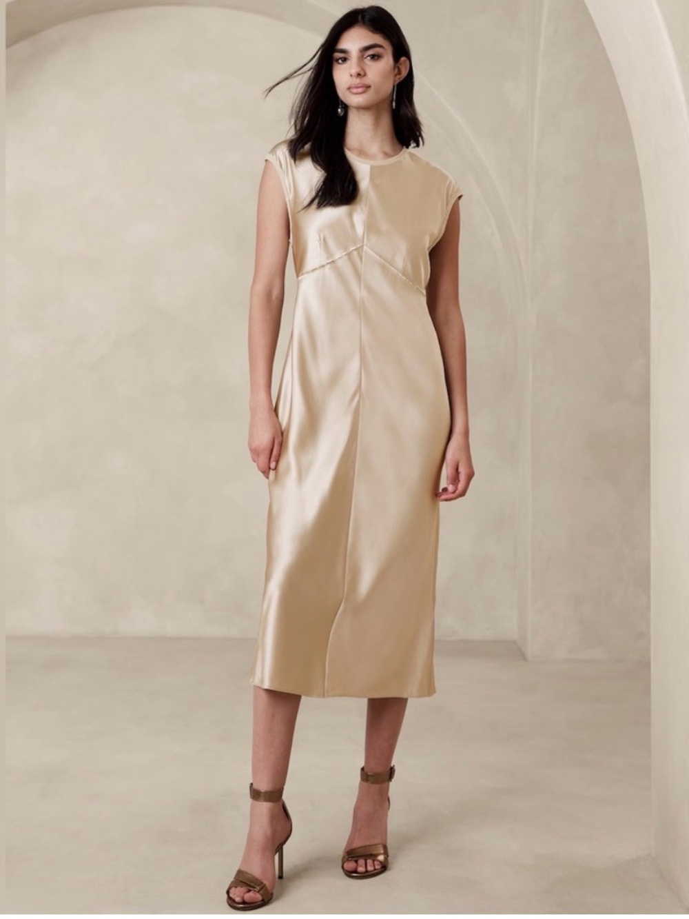 NEW Banana Republic XS 100% Silk Claudette Midi shift Dress neutral glam